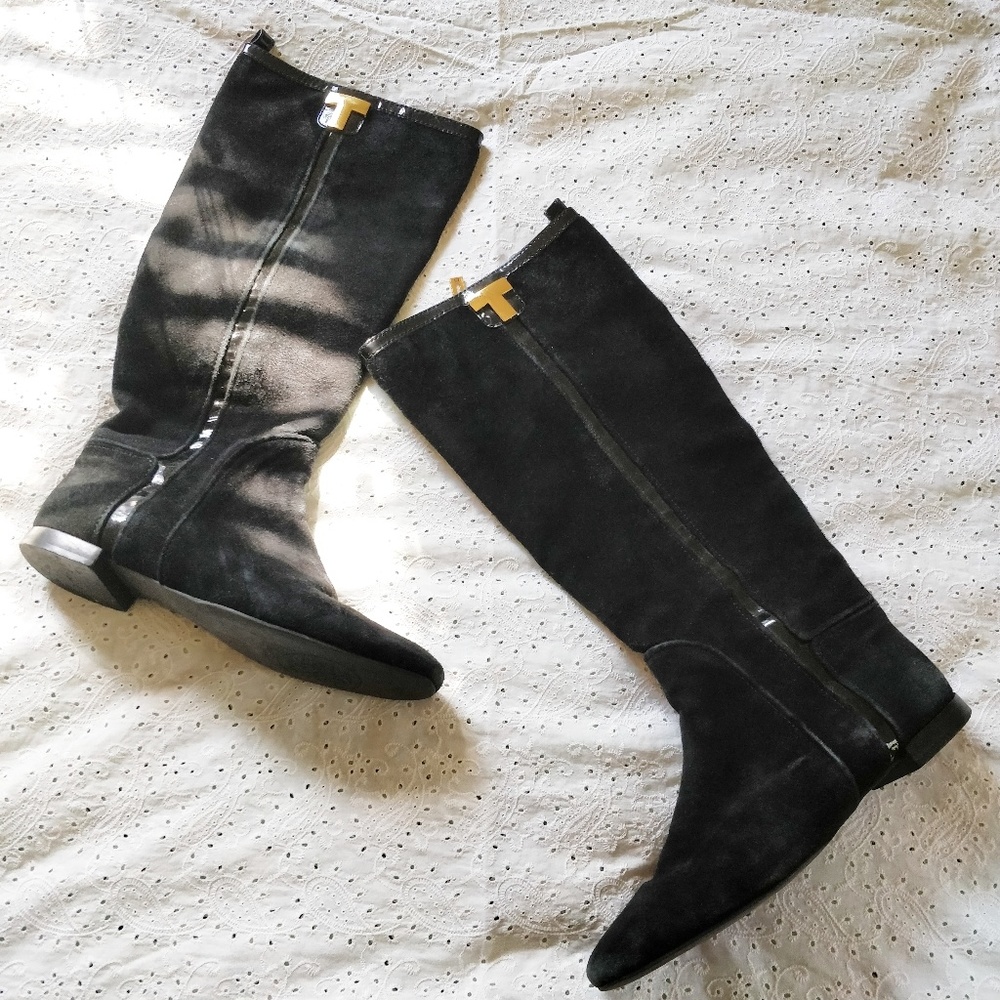 Tory Burch black suede Erica flat tall boots.